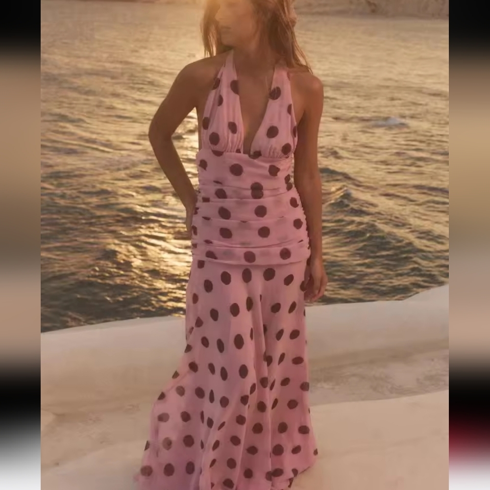 Polka Dot Printing Halter Maxi Dress WomenElegant Sleeveless Backless Skinny - Picture 6 of 10